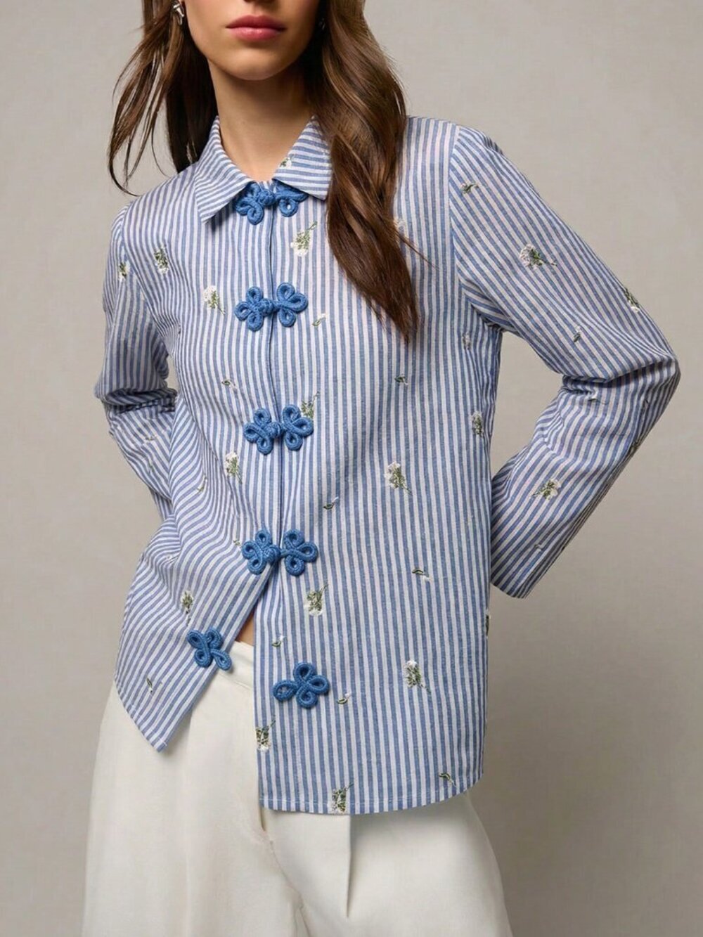 Blue Casual Women's Blouse with Chinese Buttons, Contrast Stripes, Floral Print